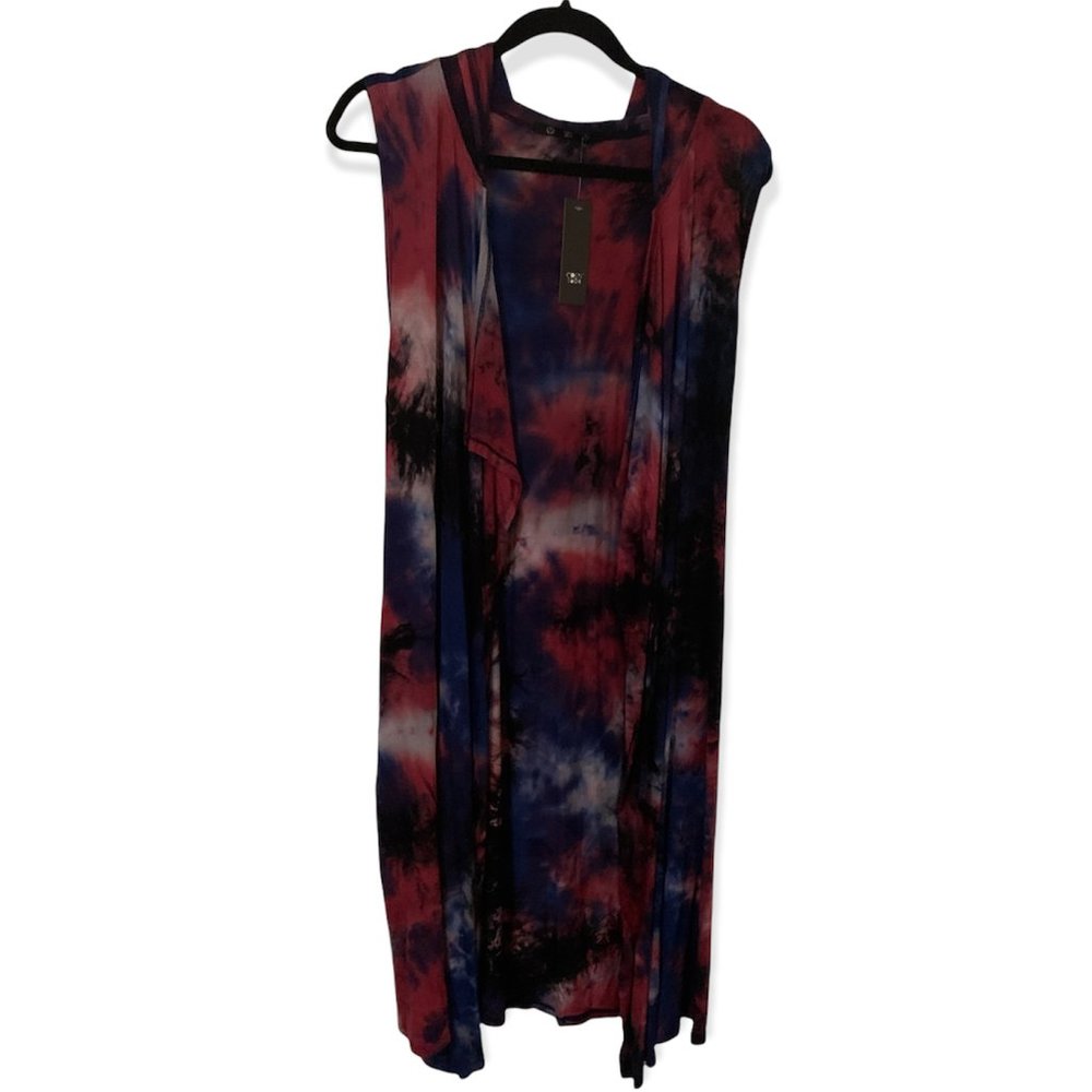 NWT | Coin 1804 | Magenta Black Blue White Tie Dye Sleeveless Hooded Cardigan S